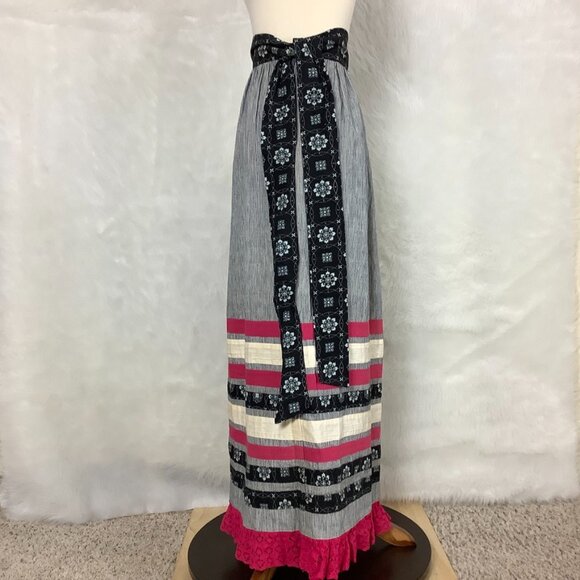 Vintage 60s 70s Peasant Striped Mixed Print Crochet Hem Maxi Skirt 6 - Picture 3 of 6
